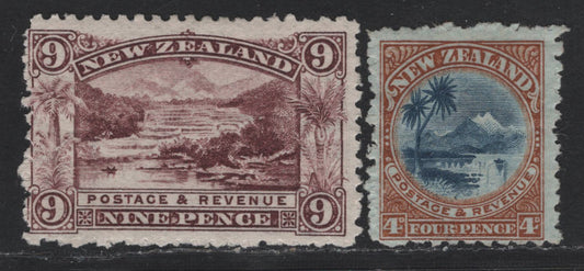 Lot 278 New Zealand SG#310, 314 4d - 9d Deep Blue & Ochre Brown - Purple Pink Terrace - Lake Taupo, 1902-1907 Pictorial Issue, 2 FOG Singles, Single Wmk, Perf 11