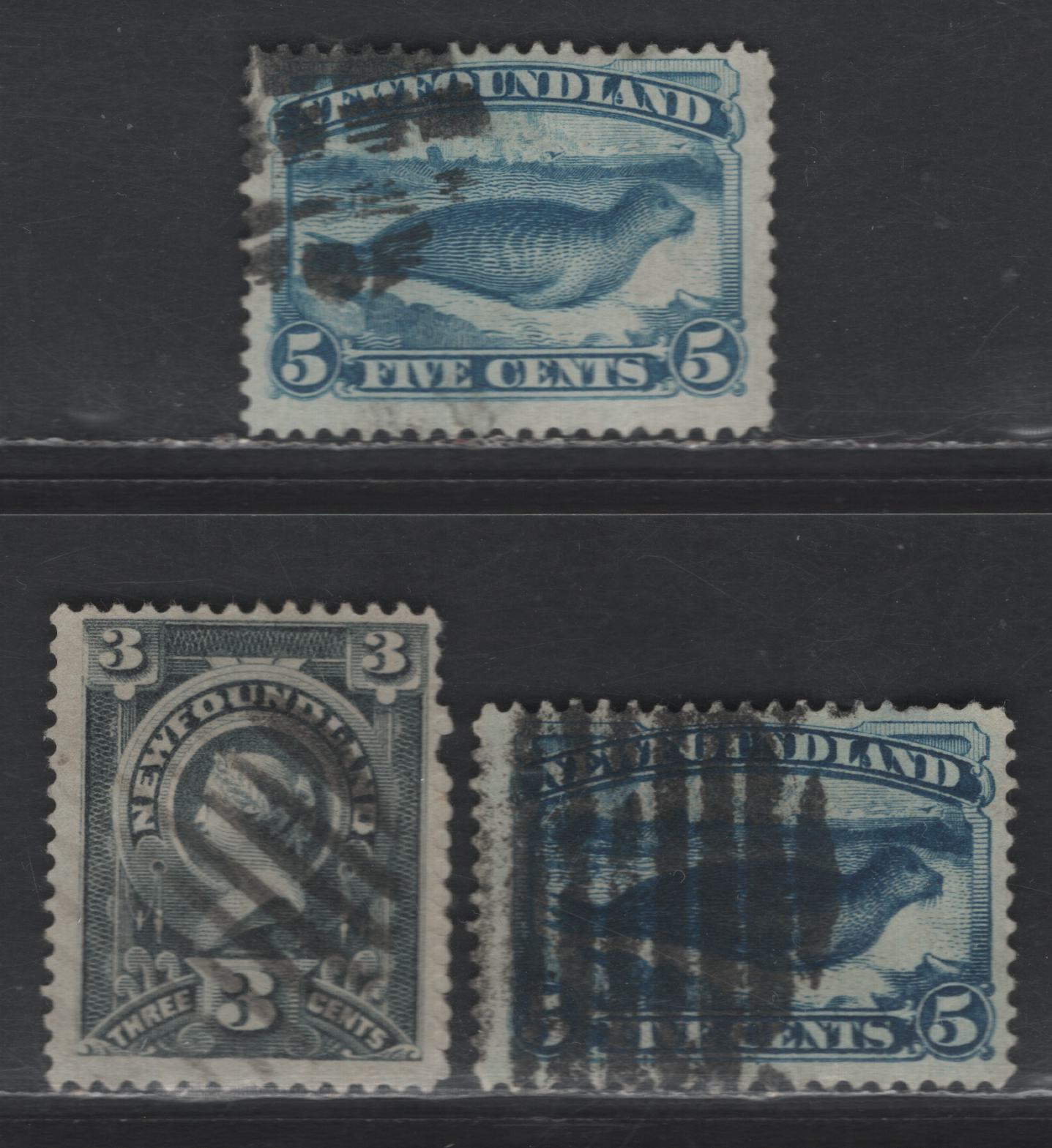 Lot 28 Newfoundland #53-54, 60 5c - 3c Pale Blue - Slate Harp Seal - Queen Victoria, 1880-1890 5th Cents Issue, 3 Very Good/Fine Used Singles, Both 5c Have Light Creases