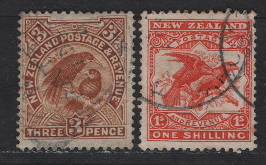 Lot 285  (C) New Zealand SG#383a, 385 3d - 1/- Yellow Brown - Orange Huia, 1907-1908 Smaller Pictorial Issue, 2 Fine Used Singles, Perf 14x15