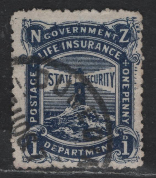 Lot 290  (C) New Zealand SG#L22 1d Blue Lighthouse, 1905-1906 Life Insurance Department, A Fine Used Single, Redrawn With UR Omitted, Sideways Single Wmk, Perf 14.