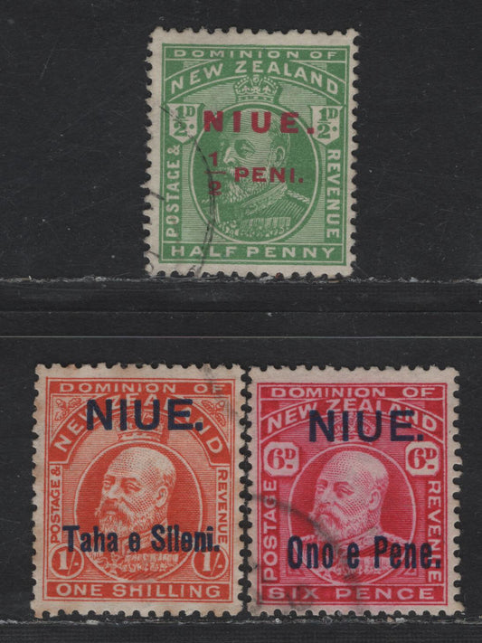 Lot 292  (C) Niue SG#17-19 1/2d - 1/- Green -Vermillion King Edward VII, 1911 Overprinted King Edward VII Issue, 3 Fine/Very Fine Used Singles