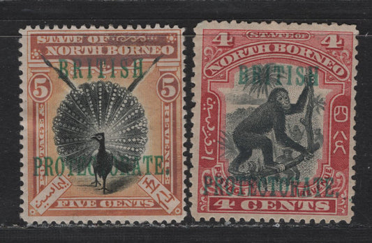 Lot 293 North Borneo SG#130, 131a 4d - 5d Carmine & Black - Orange & Black Orangutan - Peacock, 1901-1905 British Protectorate Overprints, 2 VFOG Singles, Perfs 13.5x14 & 14-15