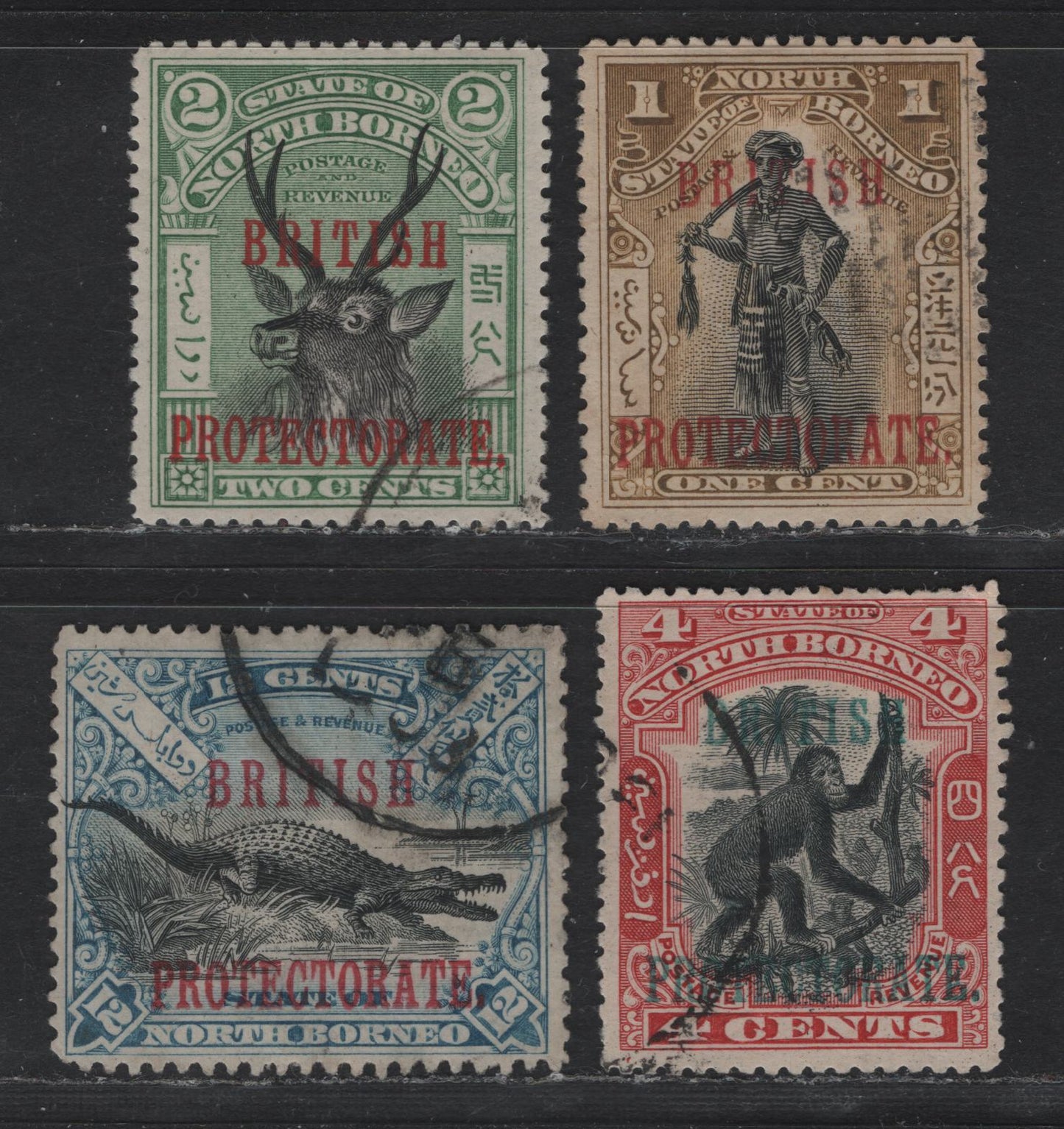 Lot 295 North Borneo SG#127-128, 130, 135 1c - 12c Bistre Brown & Black - Dull Blue & Black Sambar Stag - Crocodile, 1901-1905 British Protectorate Overprints, 4 Fine/Very Fine Used Singles