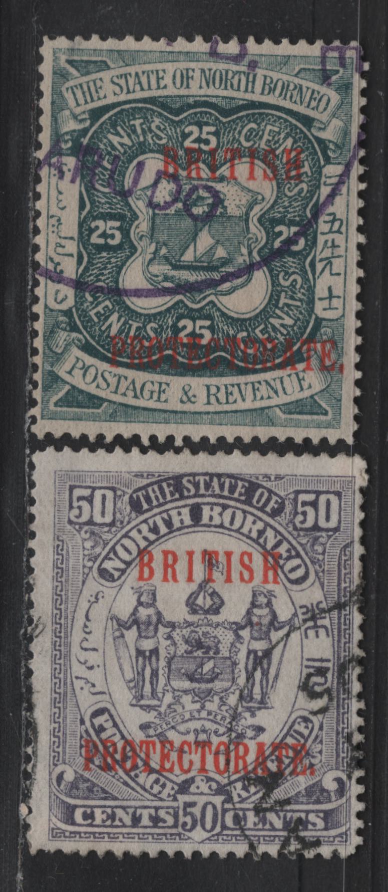 Lot 297 North Borneo SG#139-140 25c - 50c Indigo - Violet Arms, 1901-1905 British Protectorate Overprints, 2 Fine/Very Fine Used Singles