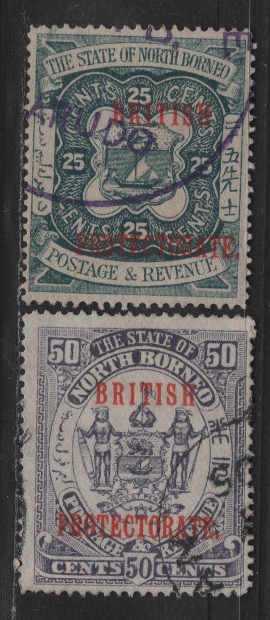 Lot 297 North Borneo SG#139-140 25c - 50c Indigo - Violet Arms, 1901-1905 British Protectorate Overprints, 2 Fine/Very Fine Used Singles