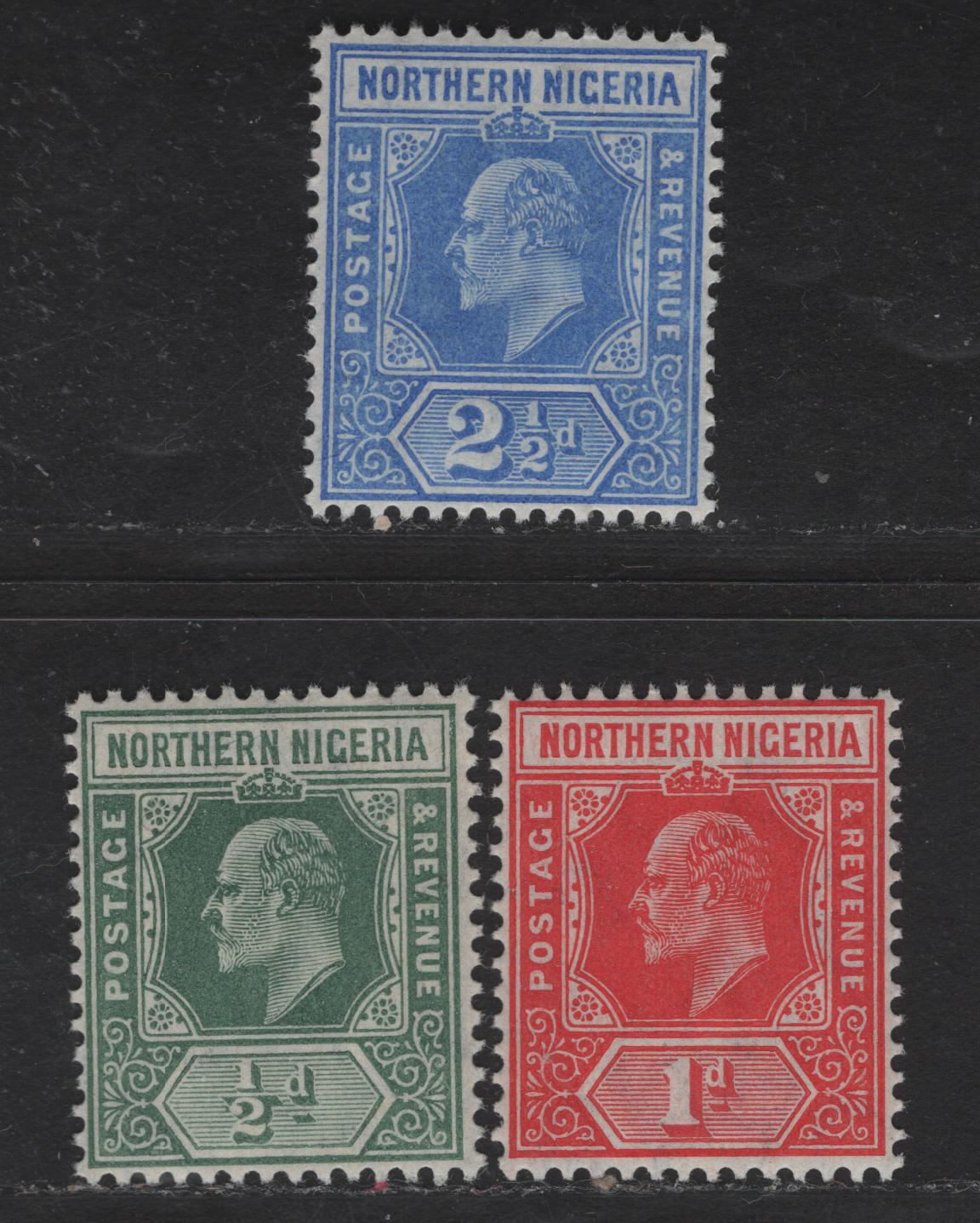 Lot 300 Northern Nigeria SG#28-29, 31 1/2d - 2.5d Dull Green - Blue King Edward VII, 1905-1907 King Edward VII Universal Keyplates, 3 VFOG Singles, Multiple Crown CA Wmk