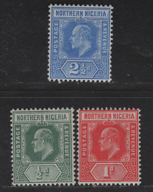 Lot 300 Northern Nigeria SG#28-29, 31 1/2d - 2.5d Dull Green - Blue King Edward VII, 1905-1907 King Edward VII Universal Keyplates, 3 VFOG Singles, Multiple Crown CA Wmk