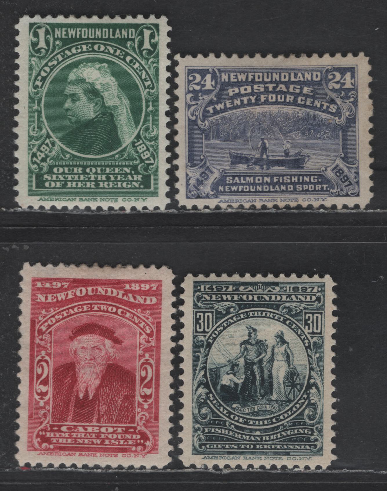 Lot 30 Newfoundland #61-62, 71-72 1c - 30c Deep Green - Slate Queen Victoria - Colony Seal, 1897 Discovery of Newfounfland Issue, 4 FOG Singles, All With Shallow Hinge Thins