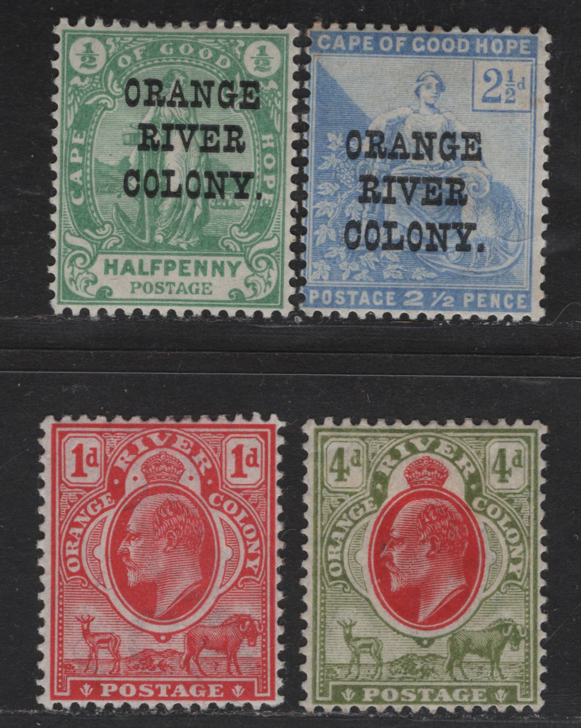 Lot 301 Orange Free State SG#133, 135, 149-150 1/2d - 4d Green - Sage Green & Scarlet King Edward VII, 1900-1909 Orange River Colony Overprinted King Edward VII Issue, 4 F/VFOG Singles, Multiple Crown CA Wmk
