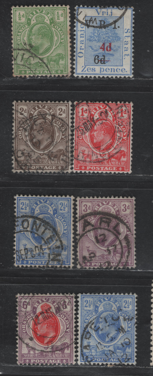 Lot 303 Orange Free State SG#136, 139-143 4d on 6d on 6d - 6d Blue - Scarlet & Mauve Surcharge - King Edward VII, 1902-1904 Surcharged & King Edward VII Issues, 7 Fine/Very Fine Used Singles, Crown CA Wmk, Two Shades Of 2.5d