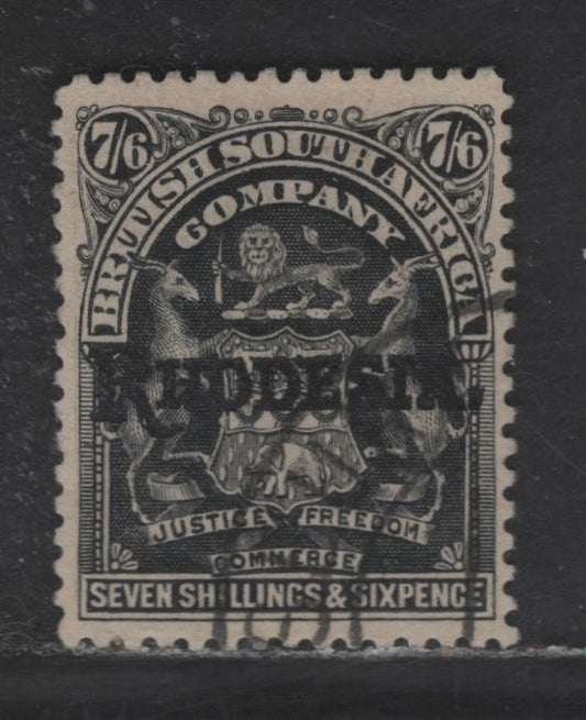 Lot 310  (C) Rhodesia SG#111 7/6d Black Arms, 1909-1912 Rhodesia Overprinted Issue, A Very Fine Used Single