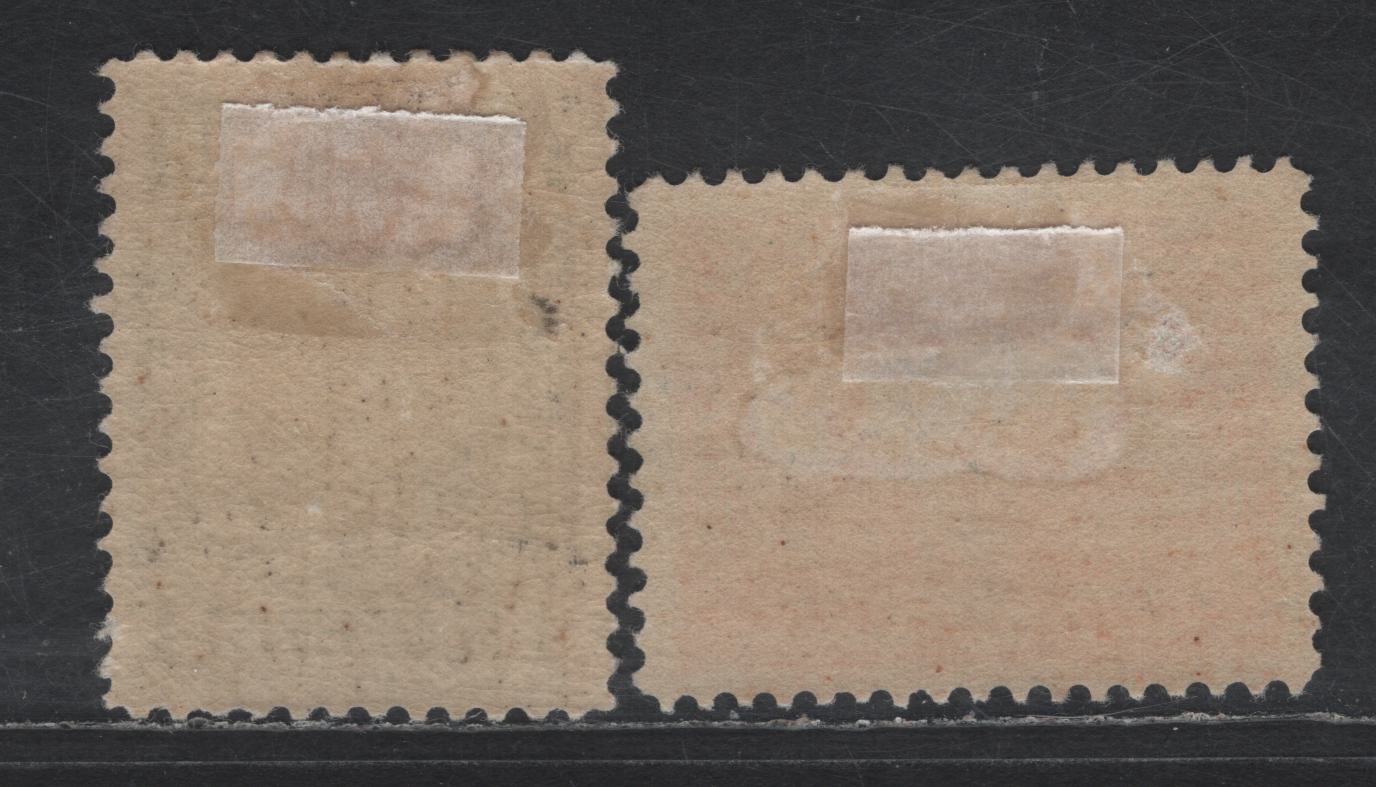 Lot 31 Newfoundland #64, 67 4c - 8c Olive Green - Red Orange Caribou Hunting - Fishing, 1897 Discovery of Newfounfland Issue, 2 VFOG Singles