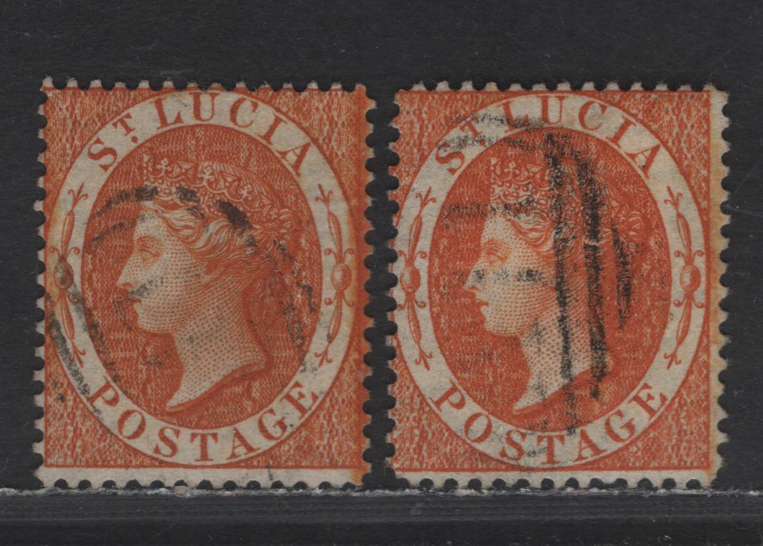 Lot 313 St. Lucia SG#18-a 1/- Orange & Deep Orange Queen Victoria, 1864-1876 Queen Victoria Courbould Head Issue, 2 Fine/Very Fine Used Singles, Crown CC Wmk