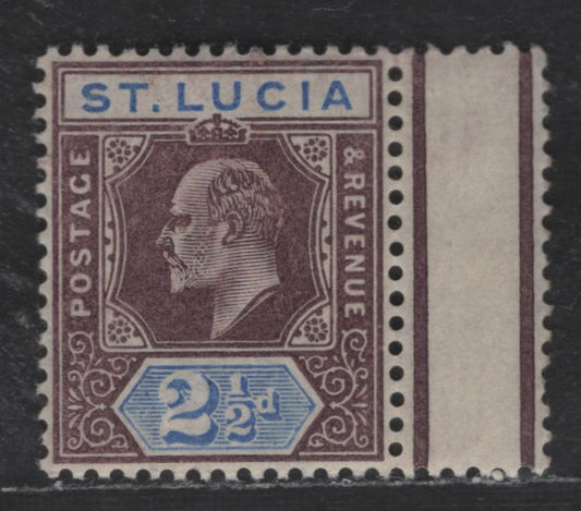 Lot 315 St. Lucia SG#60 2.5d Dull Pruple & Ultramarine King Edward VII, 1903 King Edward VII Issue, A VFNH Single, Crown CA Wmk, Attached Gutter, Small Internal Gum Wrinkle.