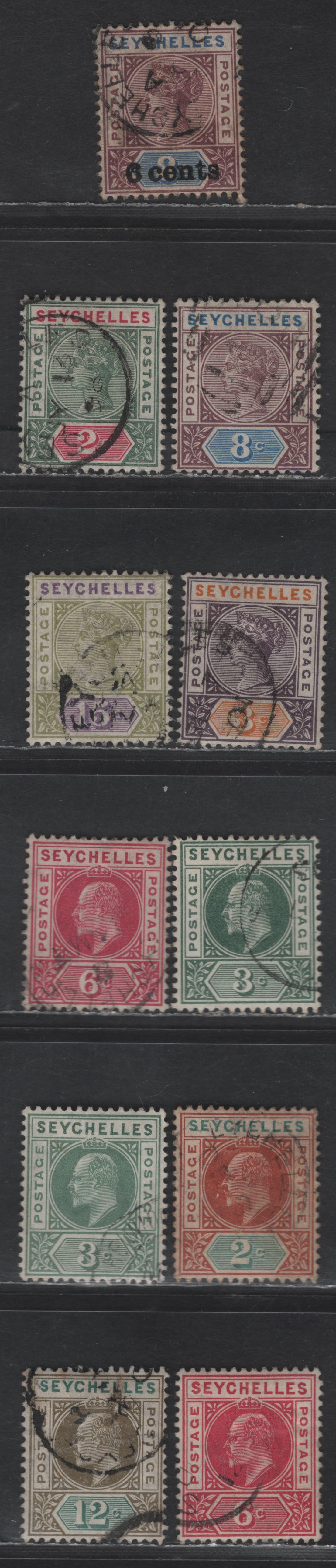 Lot 319 Seychelles SG#3, 40, 9, 22, 24, 47-48, 60-63 8c - 12c Brown-Purple & Blue - Olive-Sepia & Dull Green Queen Victoria - King Edward VII, 1890-1906 Queen Victoria - King Edward VII Keyplates, 11 Fine/Very Fine Used Singles, Crown CA & MCA Wmks