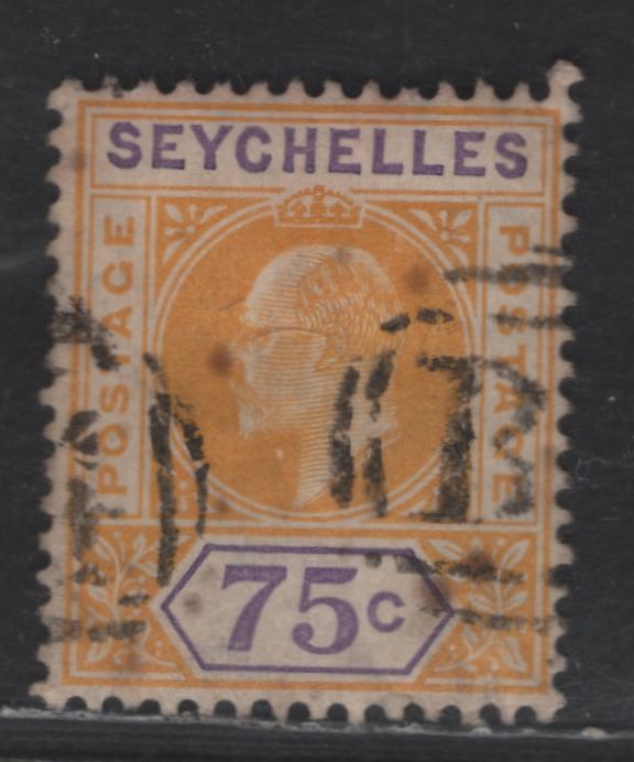 Lot 320 Seychelles SG#68 75c Yellow & Violet King EdwardVII, 1906 King Edward VII Keyplates, A Fine Used Single, Multiple Crown CA Wmk