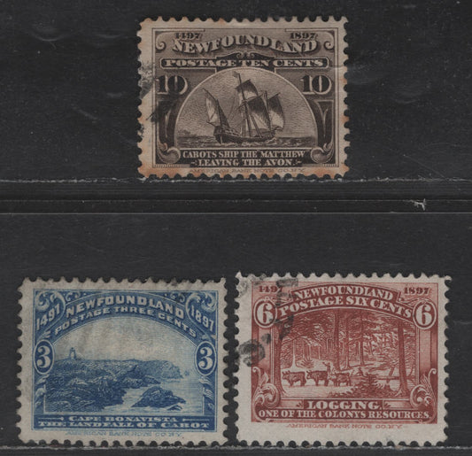 Lot 33 Newfoundland #63, 66, 68 3c - 10c Ultramarine - Black Brown Cape Bonavista - Cabot's Ship, 1897 Discovery of Newfounfland Issue, 3 Fine/Very Fine Used Singles
