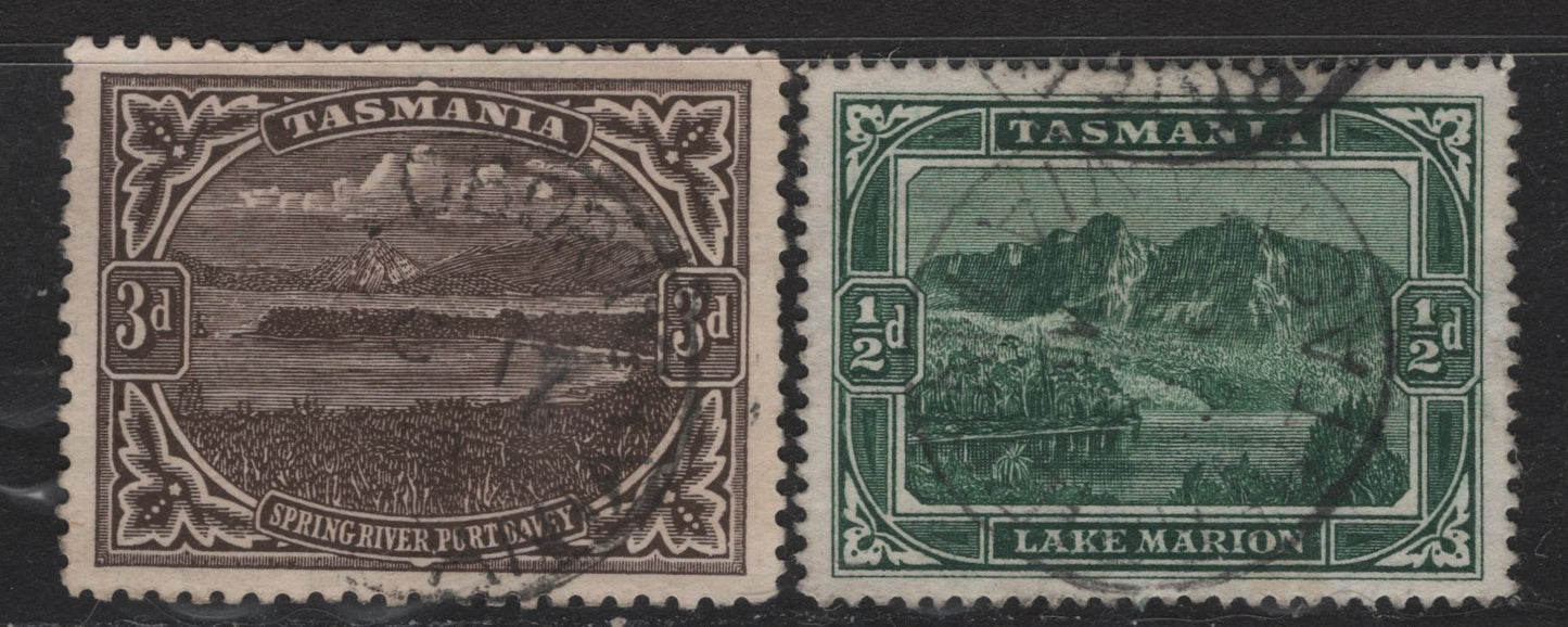 Lot 354  (C) Tasmania SGSG#229, 253 1/2d - 3d Dark Green - Sepia Lake Marion - Spring River, 1899-1911 Pictorial Issue, 2 Very Fine Used Singles, Multiple 'TAS' & Sideways Double Lined Crown over A Wmks