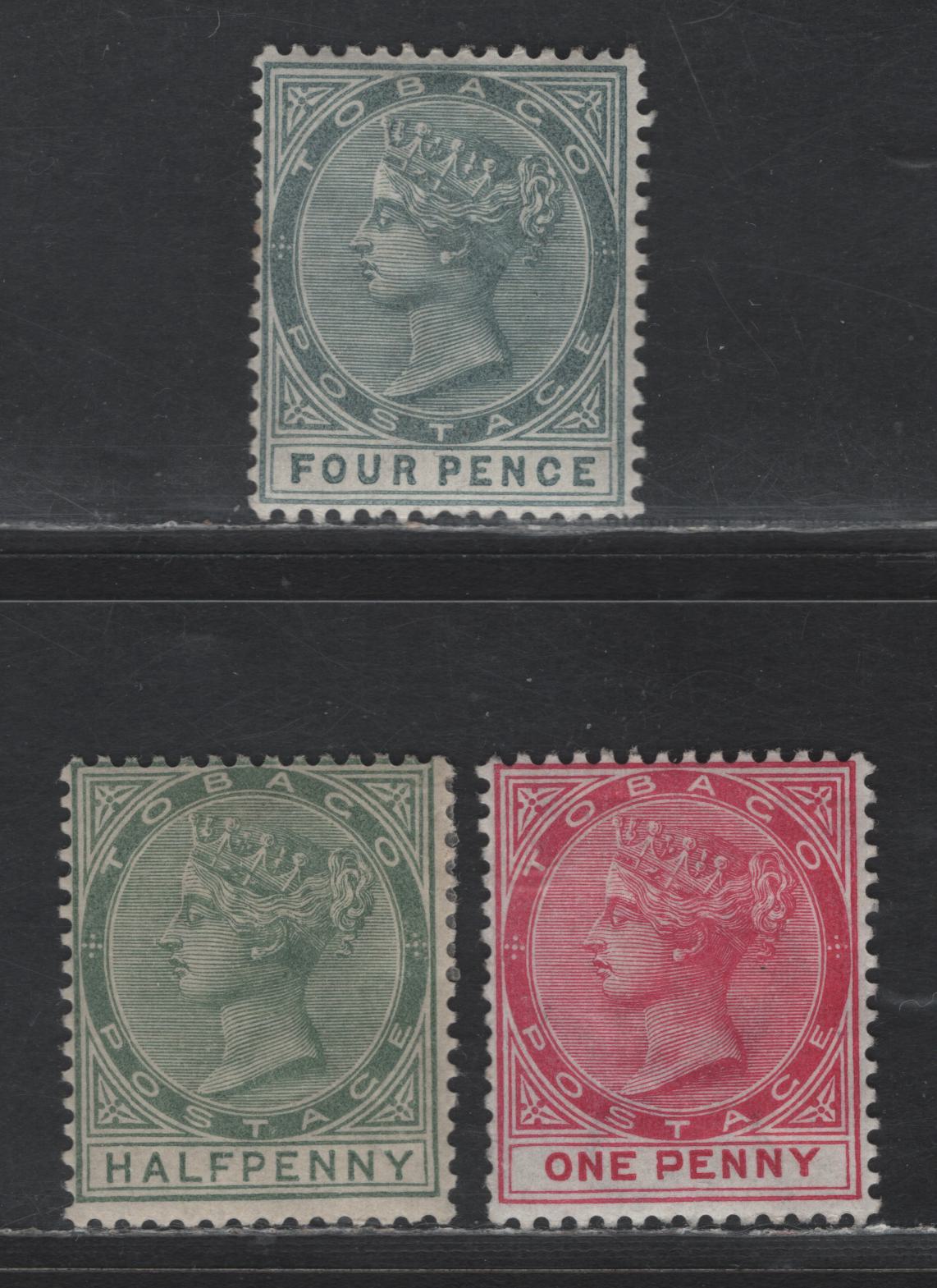 Lot 356 Tobago SGSG#20-22 1/2d - 4d Dull Green - Gray Queen Victoria, 1885-1886 Queen Victoria Keyplates, 3 FOG Singles, Crown CA Wmk