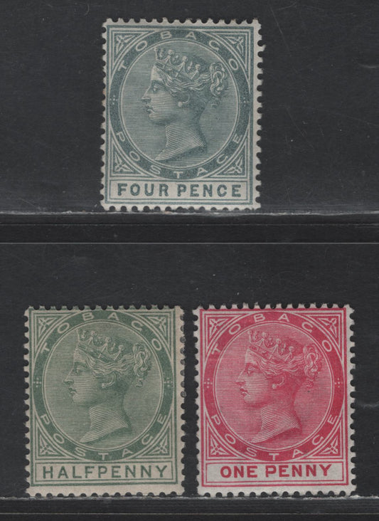 Lot 356 Tobago SGSG#20-22 1/2d - 4d Dull Green - Gray Queen Victoria, 1885-1886 Queen Victoria Keyplates, 3 FOG Singles, Crown CA Wmk