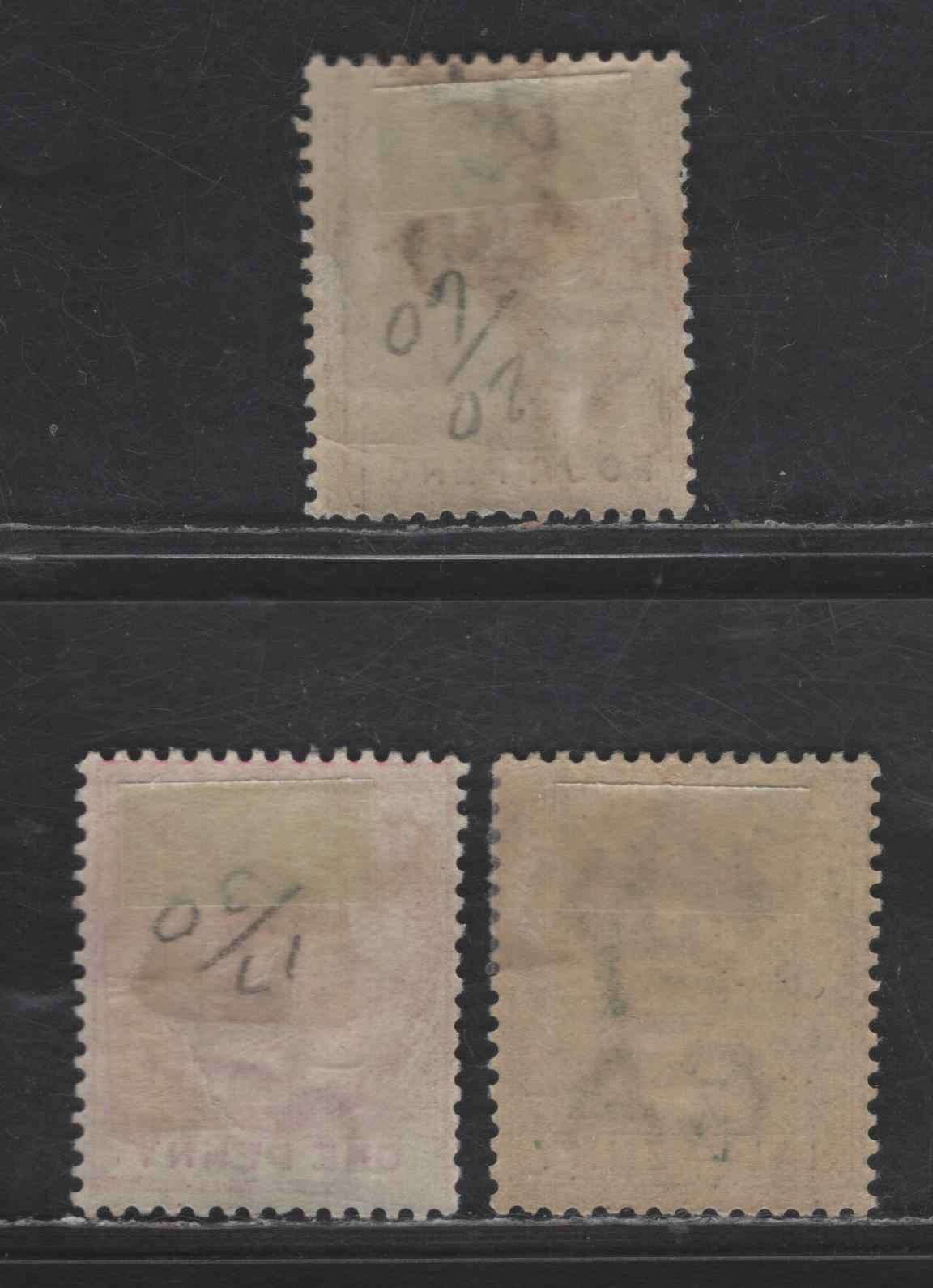 Lot 356 Tobago SGSG#20-22 1/2d - 4d Dull Green - Gray Queen Victoria, 1885-1886 Queen Victoria Keyplates, 3 FOG Singles, Crown CA Wmk