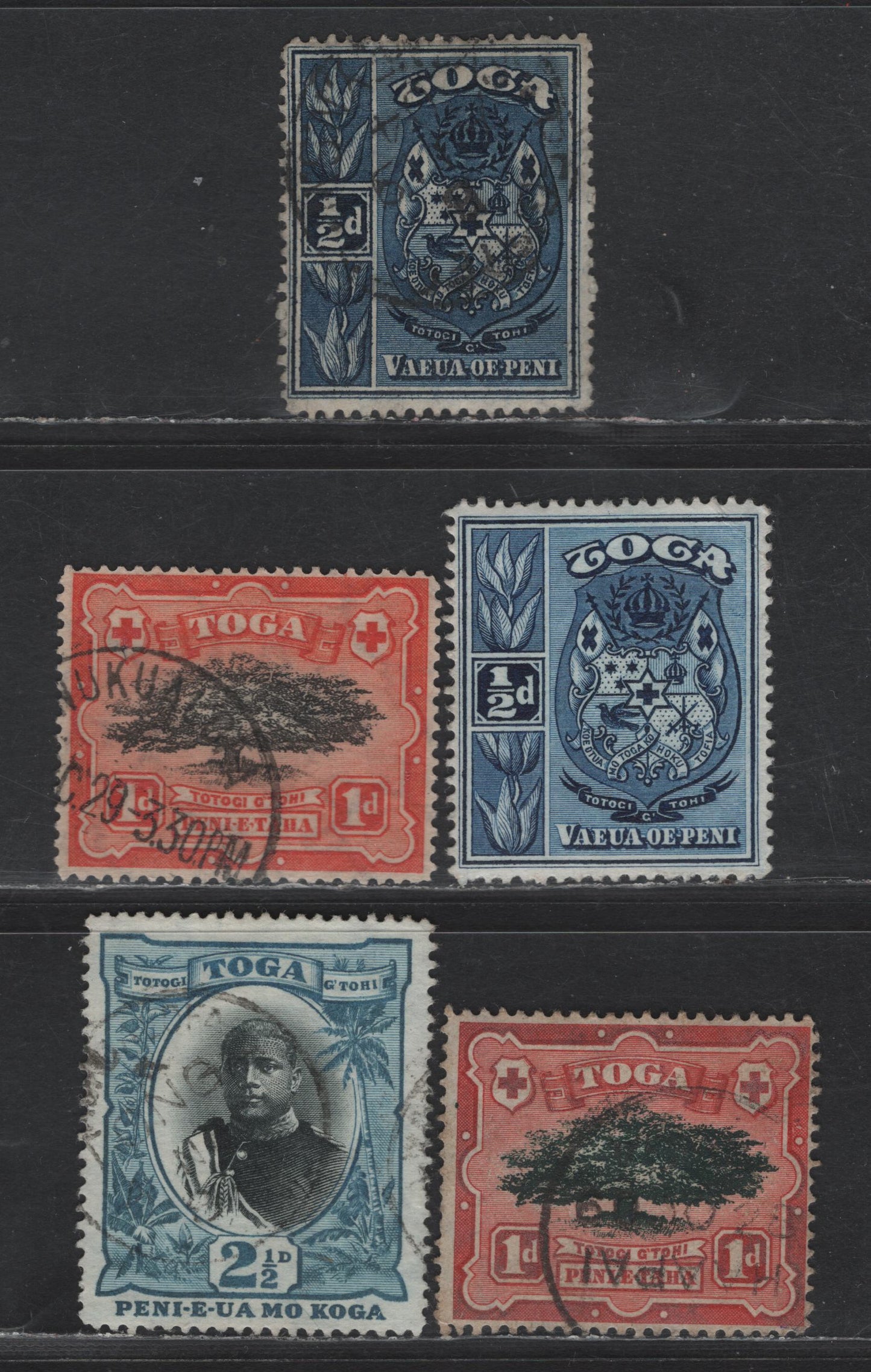 Lot 357 Tonga SGSG#38-a, 39-a, 43 1/2d - 2.5d Indigo - Black & Blue Arms - King George II, 1897-1901 Pictorial Issue, 5 Very Good/Fine/Very Fine Used Singles, Upright & Sideways Wmks, 1/2d Has Small Corner Crease