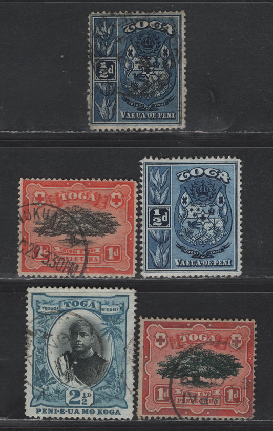 Lot 357 Tonga SGSG#38-a, 39-a, 43 1/2d - 2.5d Indigo - Black & Blue Arms - King George II, 1897-1901 Pictorial Issue, 5 Very Good/Fine/Very Fine Used Singles, Upright & Sideways Wmks, 1/2d Has Small Corner Crease