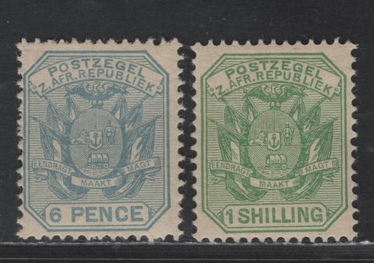 Lot 366 Transvaal SG#203, 204 6d Pale Dull Blue & 1/- Yellow Green, 1894 Wagon With Shafts Issue, 2 F & VF OG Singles Two Shafts Indicating Oirignal