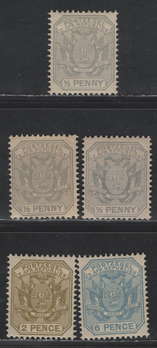 Lot 367 Transvaal SG#200, 202, 203 1/2d Grey, 2d Olive Bistre, 6d Pale Dull Blue, 1894 Wagon With Shafts, Arms Issue, 5 F & VF OG Singles With Three Shades Of 1/d Grey