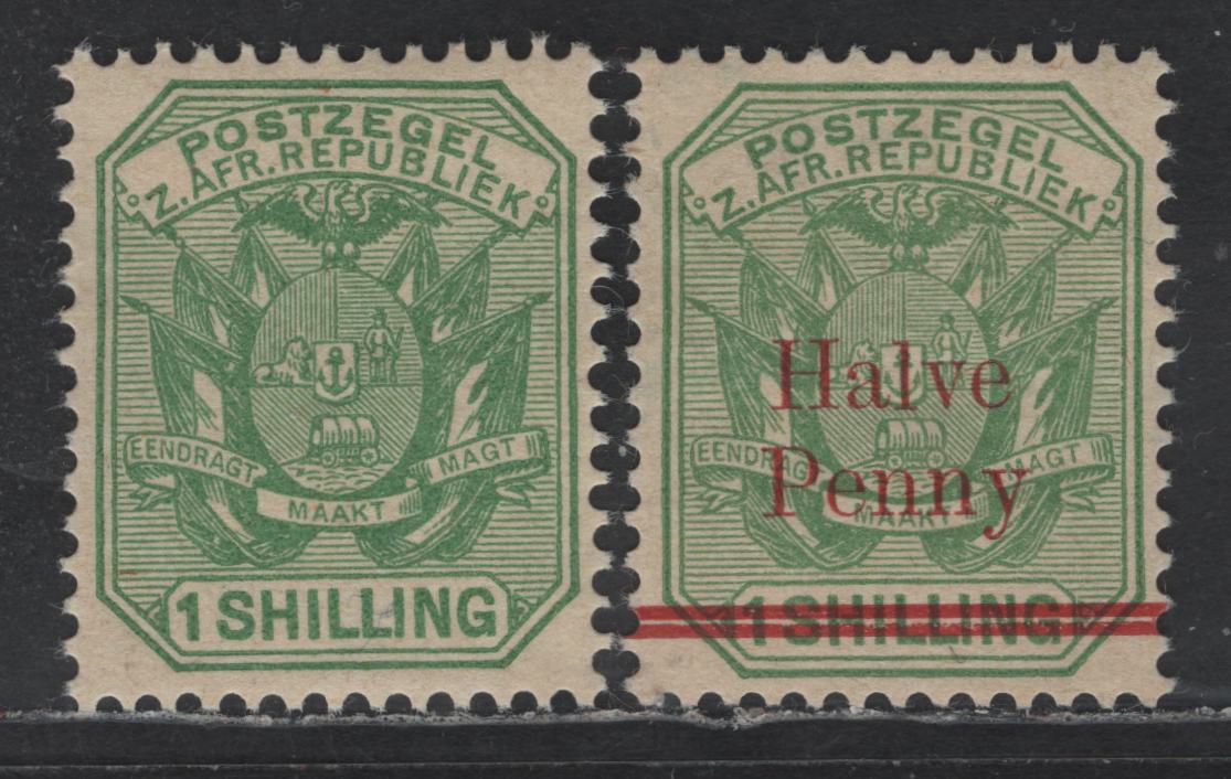 Lot 368 Transvaal SG#211, 213 1/- Yellow Green, 1d On 1/- Green, 1895-1896 Arms Issue With Wagon Having A Single Pole, 2 VFOG Singles These Are Original Based On The Crackly Gum