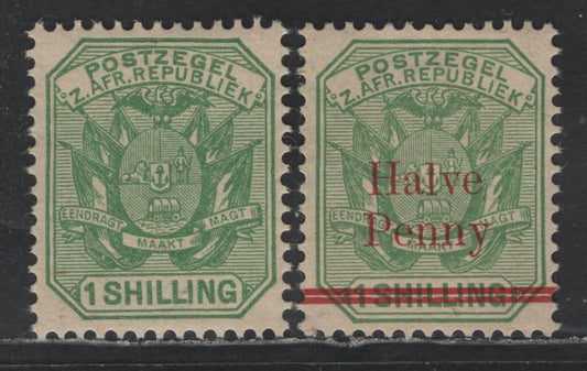 Lot 368 Transvaal SG#211, 213 1/- Yellow Green, 1d On 1/- Green, 1895-1896 Arms Issue With Wagon Having A Single Pole, 2 VFOG Singles These Are Original Based On The Crackly Gum