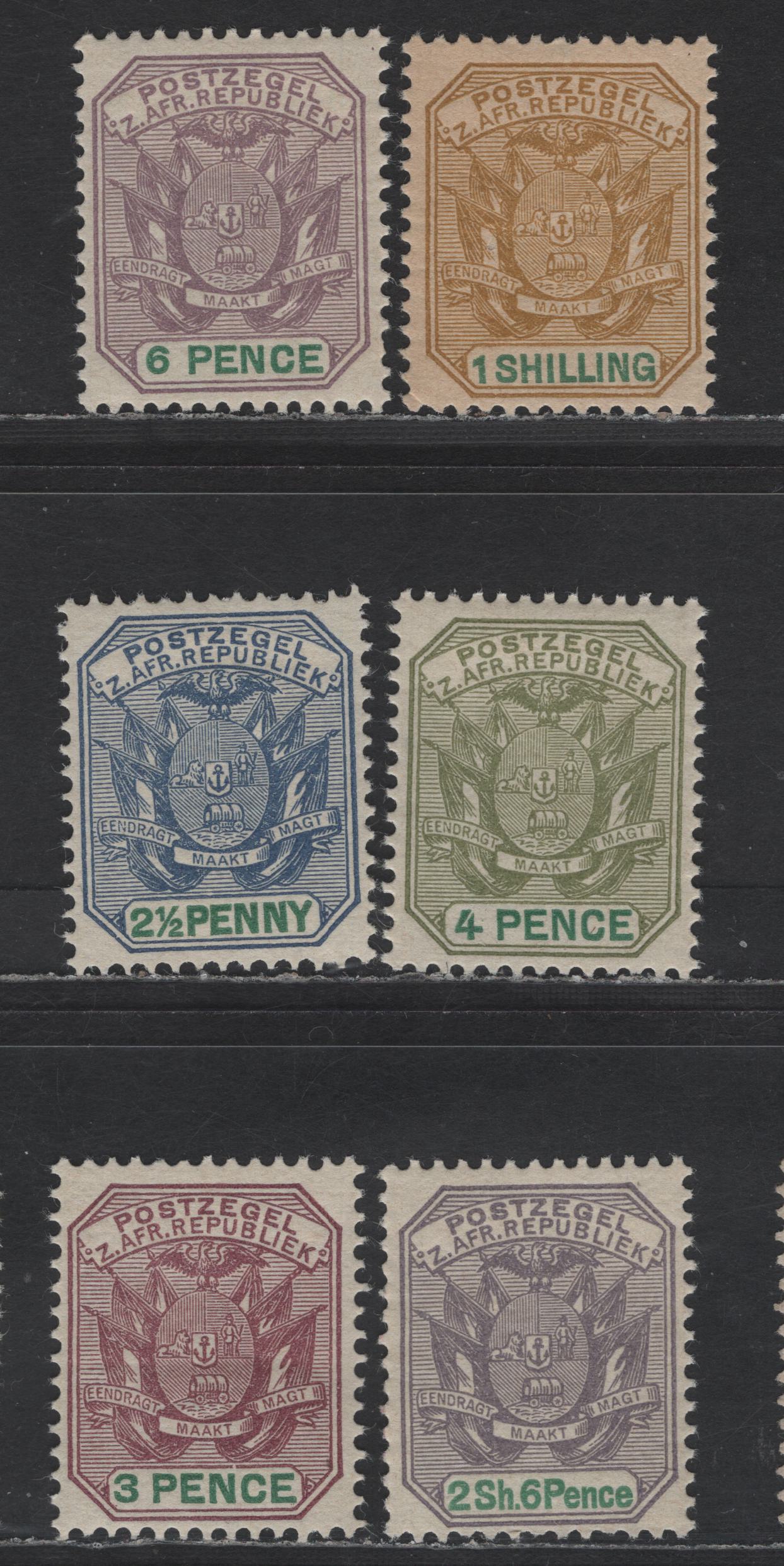 Lot 369 Transvaal SG#219-224 2 1/2d Dull Blue & Green - 2/6d Dull Violet Green & Green, 1896-1897 Arms Issue, 6 F & VF OG Singles These Are Original Based On The Crackly Gum