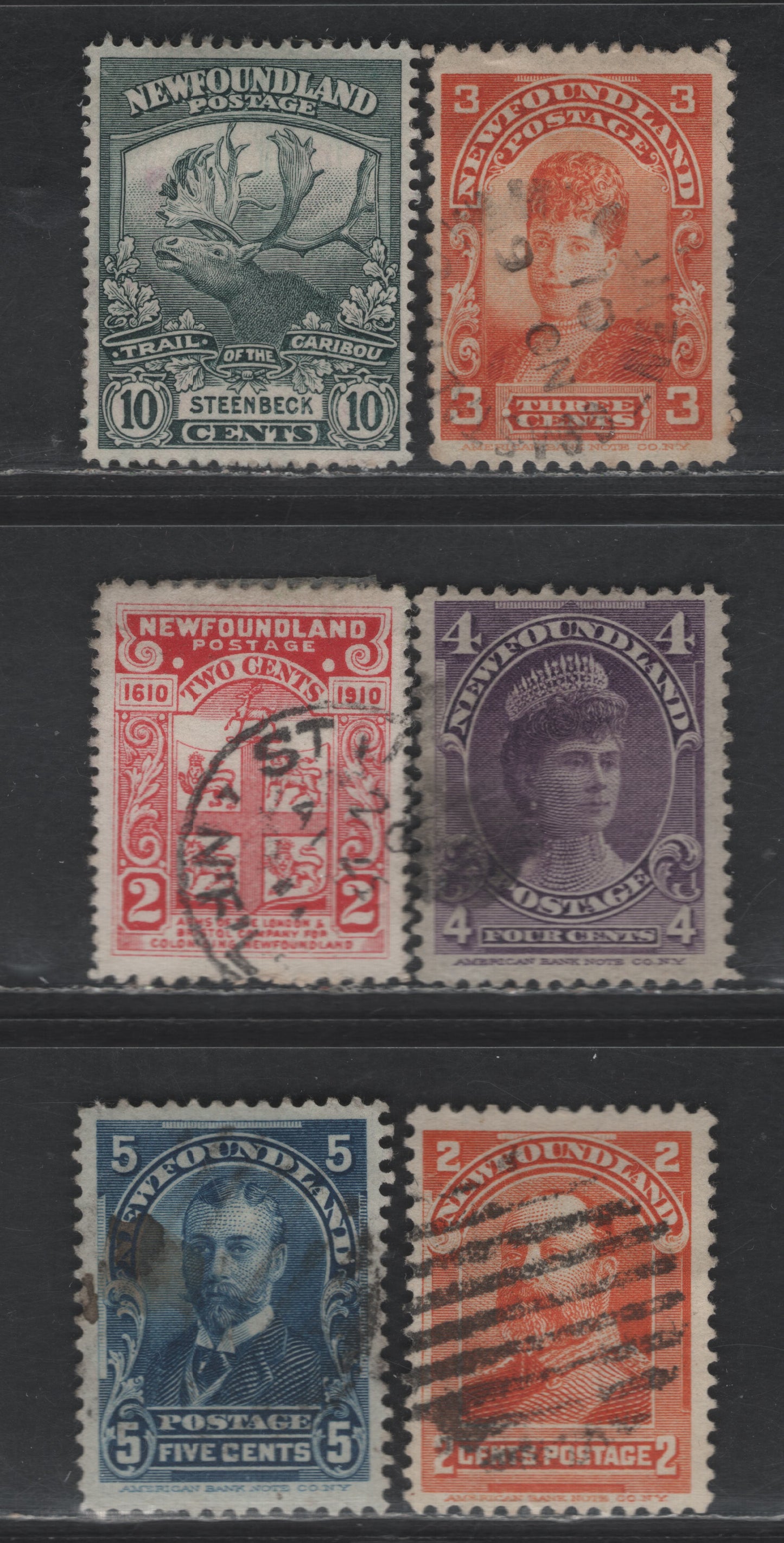 Lot 37 (C) Newfoundland #81-85, 88a, 122 2c - 10c Orange - Dark Green King Edward VIII - Steenbeck, 1897-1919 Royal Family - Trail of the Caribou Issues, 7 Fine/Very Fine Used Singles