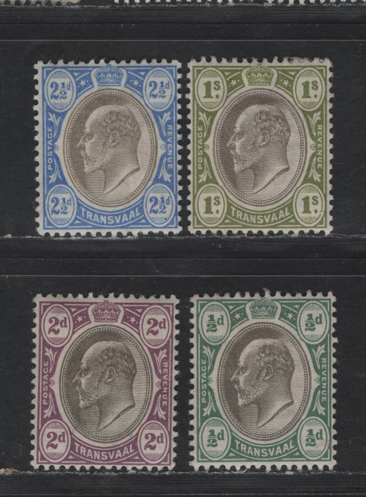 Lot 372 (C) Transvaal SG#244,246, 247, 251 1/2d Black & Bluish, 2 1/2d Black & Blue, 1/- Black & Sage Green, 2d Black & Purple, 1902 King Edward VII Wmk Crown Issue, 4 F & VF OG Singles