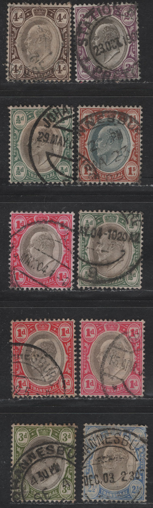 Lot 374 (C) Transvaal SG#244-249, 256 1/2d Black & Bluish Green - 1/- Grey Black & Red Brown, 1902-1903 King Edward VII Wmk Crown CA Issue, 10 F & VF Used Singles With Shades