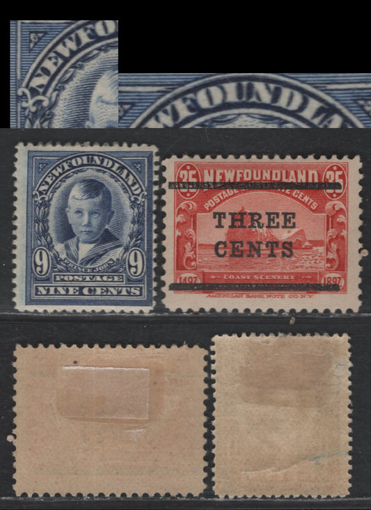 Lot 38 Newfoundland #111i, 130 9c - 3c on 35c Blue Violet - Red Prince John - Seals, 1911-1920 Royal Family - SurchargedIssues, 2 VG/FOG Singles, Blue Violet Shows Strong Re-Entry