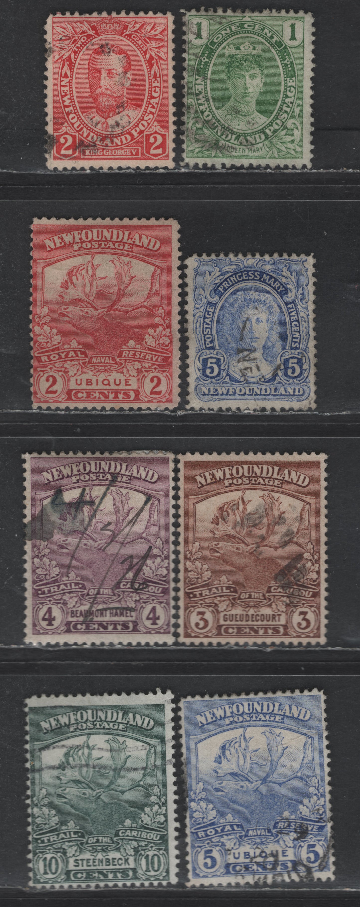 Lot 39 Newfoundland #104-105, 108, 116a, 117-119, 122 1c - 10c Yellow Green - Dark Green Queen Victoria - Steenbeck, 1911-1919 Royal Family - Trail of the Caribou Issues, 8 Fine/Very Fine Used Singles