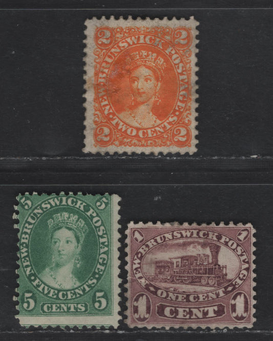 Lot 4 (C) New Brunswick #6-8 1c - 5c Red Lilac - Yellow Green Locomotive - Queen Victoria, 1860 Cents Issue, 3 Good/Very Good/Fine OG & Unused Singles, Perfs 12 & 12x1175, 5c Has A Large Thin, 1c Has A Crease, 2c Has Gum on the Face