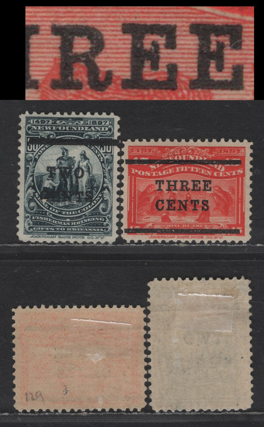 Lot 42 Newfoundland #127, 129i 2c on 30c - 3c on 15c Slate - Scarlet Colony Seal - Seals, 1920 Surcharge Issues, 2 VFOG Singles, Type II With Raised 'E' Variety