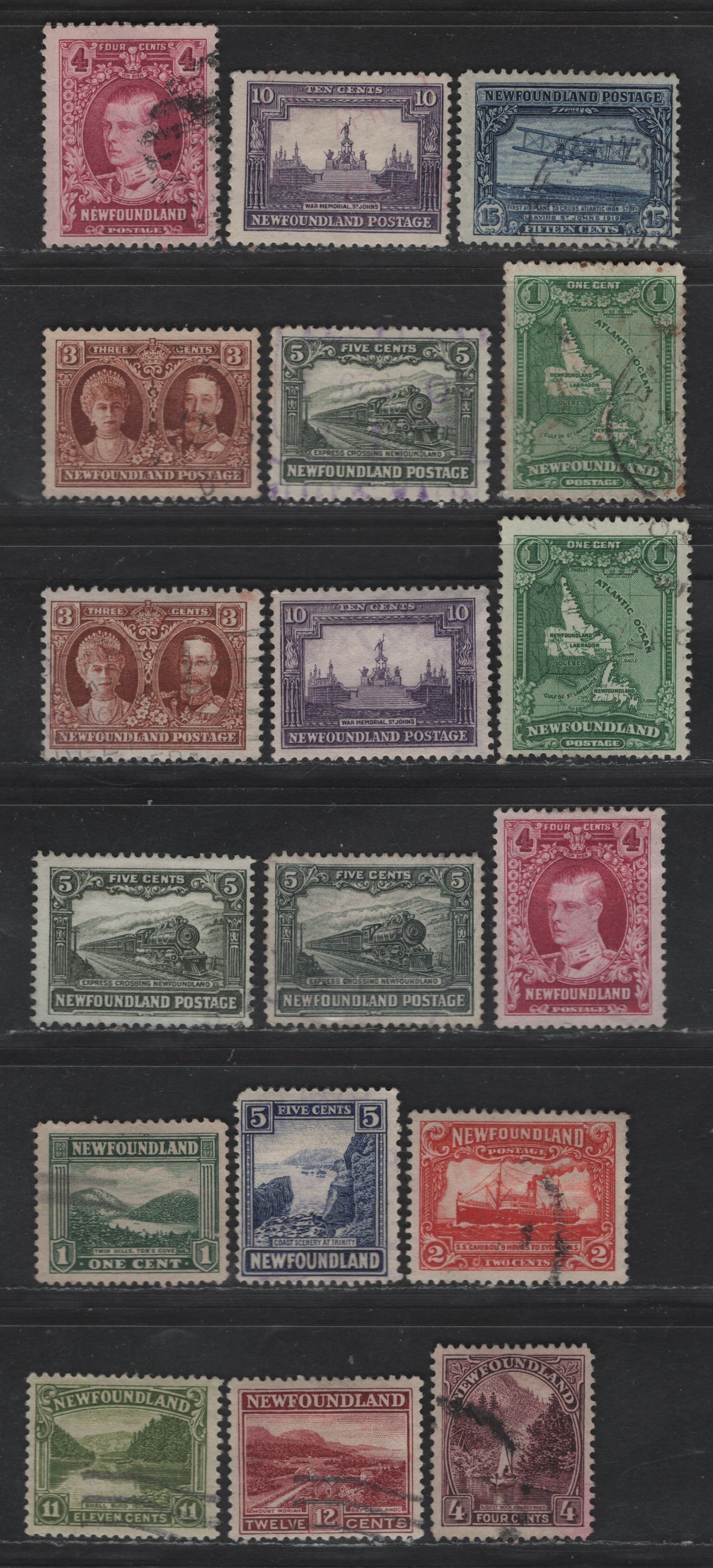 Lot 43 Newfoundland #131, 134-135, 140-141, 149, 156, 163, 165-167, 169, 173-176, 179 1c - 10c Bottle Green - Violet Twin Hills - War Memorial, 1923-1929 Pictorial - Surcharge Issues, 17 Fine/Very Fine Used Singles
