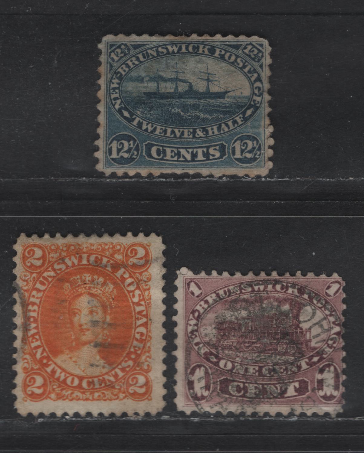 Lot 5 (C) New Brunswick #6a, 7, 10 1c - 125c Red Lilac, Orange & Blue Locomative,Queen Victoria & Steamship, 1860 Cents Issue, 3 Good/Very Good/Fine Used Singles, Perf 12, 1c Has An Internal Tear, 125c Has A Shallow Small Thin, 2c Is Sound