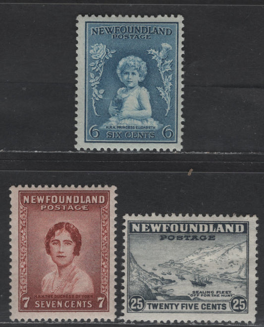 Lot 51 Newfoundland #192, 197, 208 6c - 7c Dull Blue - Red Brown Princess Elizabeth - Duchess of York, 1932 Perkins Bacon Definitive Issue, 3 FOG Singles