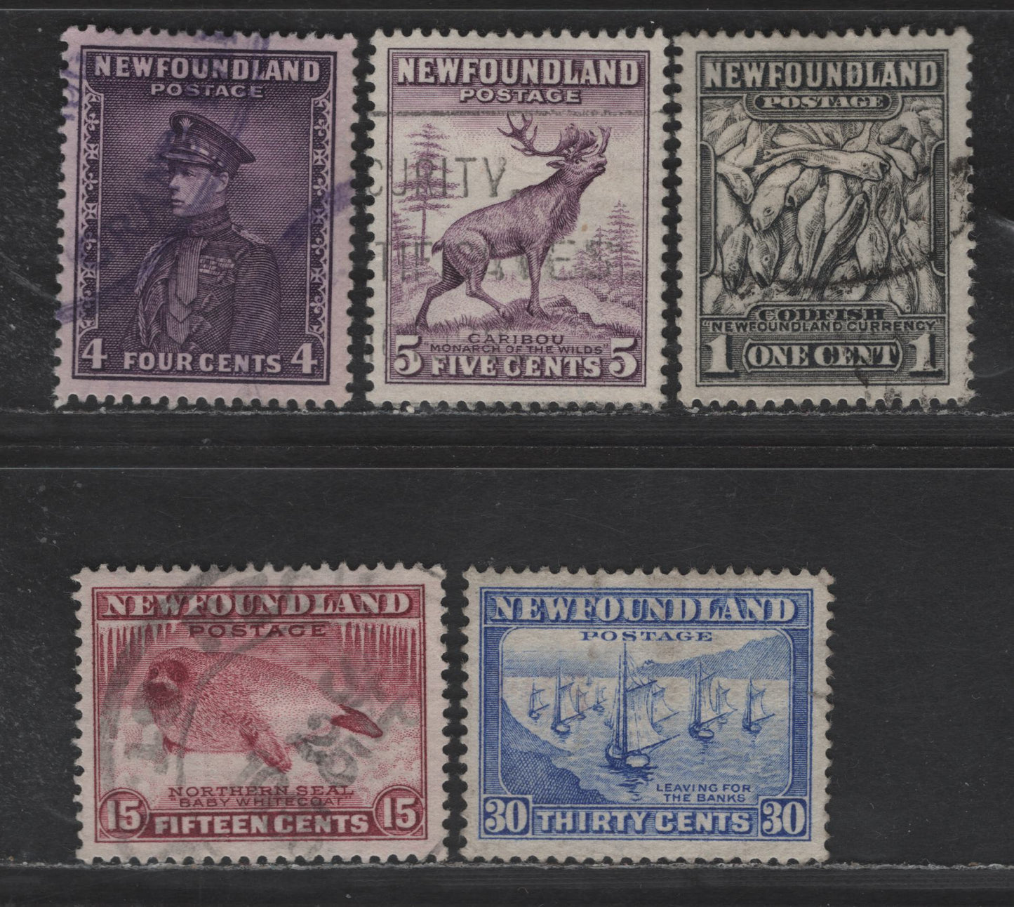 Lot 52 Newfoundland #184, 188, 191, 195, 198 1c - 30c Gray Black - Ultramarine Codfish - Fishing Fleet, 1932-1937 Perkins Bacon Definitive Issue, 5 Very Fine Used Singles