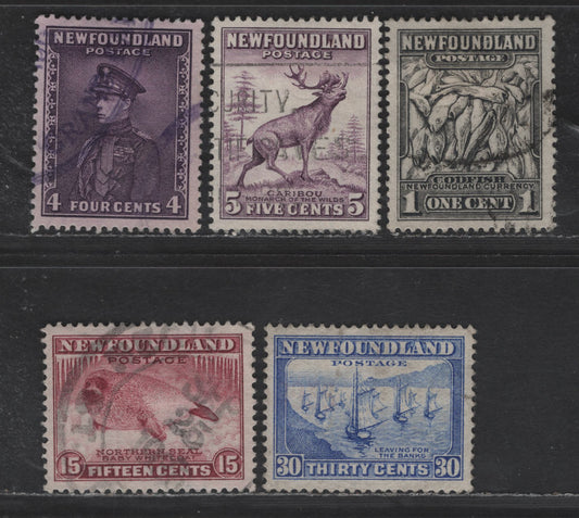 Lot 52 Newfoundland #184, 188, 191, 195, 198 1c - 30c Gray Black - Ultramarine Codfish - Fishing Fleet, 1932-1937 Perkins Bacon Definitive Issue, 5 Very Fine Used Singles