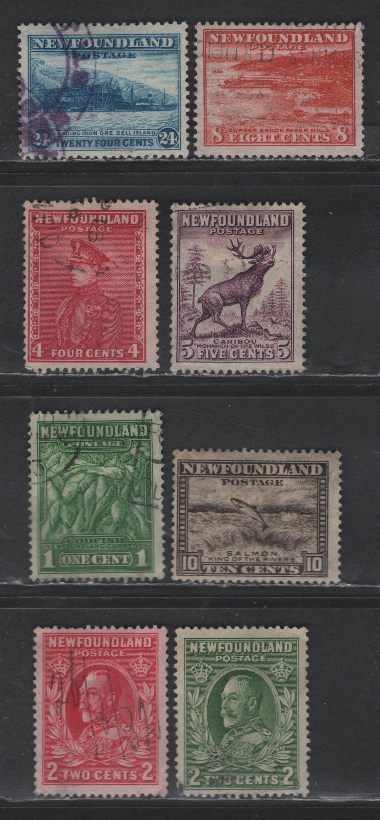 Lot 53 Newfoundland #183, 185-186, 189, 191, 193, 209-210 1c - 24c Green - Light Blue Codfish - Loading Ore, Bell Island, 1932-1937 Perkins Bacon Definitive Issues, 8 Fine Used Singles