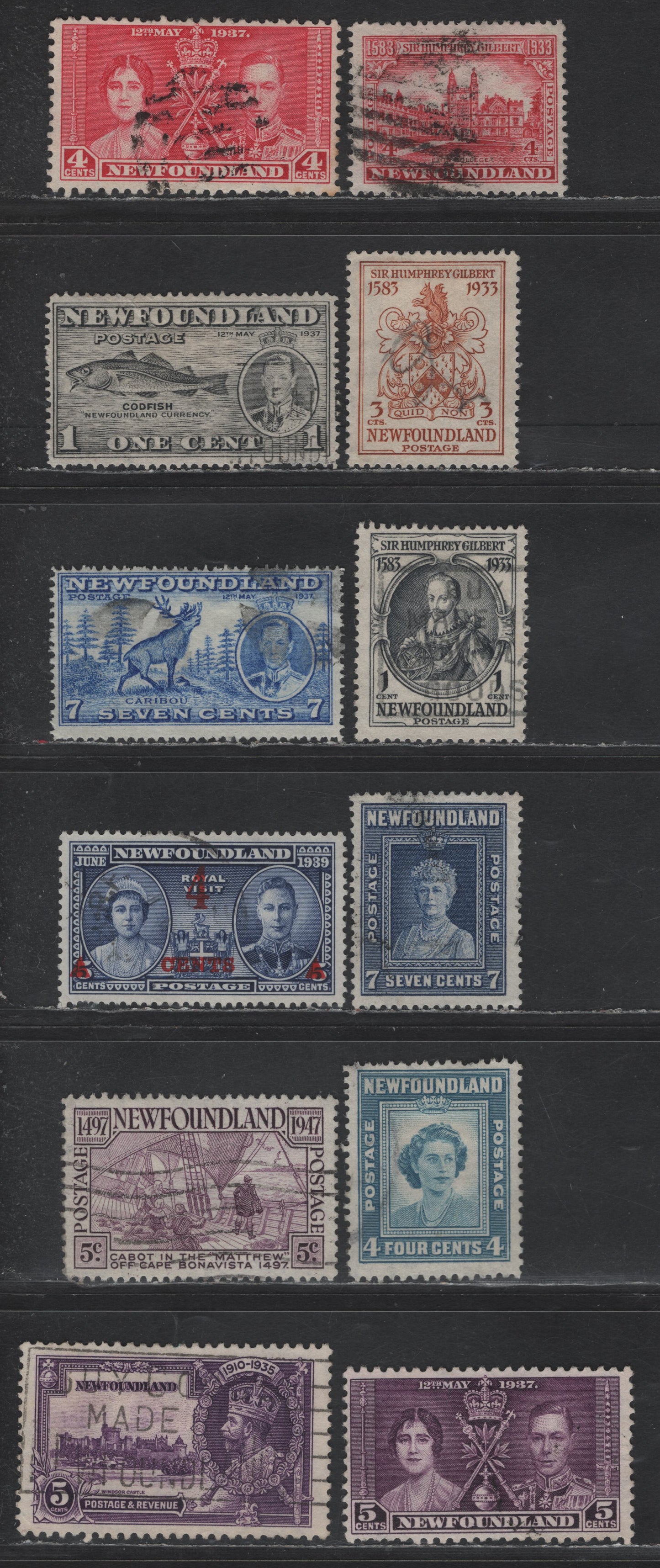 Lot 57 Newfoundland #212, 214-215, 227, 231-233, 235, 248, 251, 269-270 1c - 5c Gray Black - Rose Violet Sir Humphrey Gilbert - Cabot on the Matthew, 1933-1947 Sir Humphrey Gilbert -Cabot Issues, 12 Fine/Very Fine Used Singles