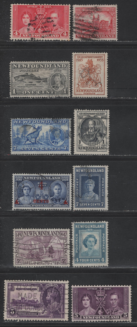 Lot 57 Newfoundland #212, 214-215, 227, 231-233, 235, 248, 251, 269-270 1c - 5c Gray Black - Rose Violet Sir Humphrey Gilbert - Cabot on the Matthew, 1933-1947 Sir Humphrey Gilbert -Cabot Issues, 12 Fine/Very Fine Used Singles