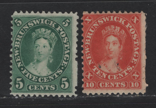 Lot 5A New Brunswick #8a, 9 5c - 10c Blue Green - Vermillion Queen Victoria, 1860 Cents Issue, 2 GOG & Fine Unused Singles, Perfs 12 & 12x1175, 5c Shows At Least 3 Missing Perf Pins On Right Side, 10c Is Creased & Small Ink Spots On Queens Bust