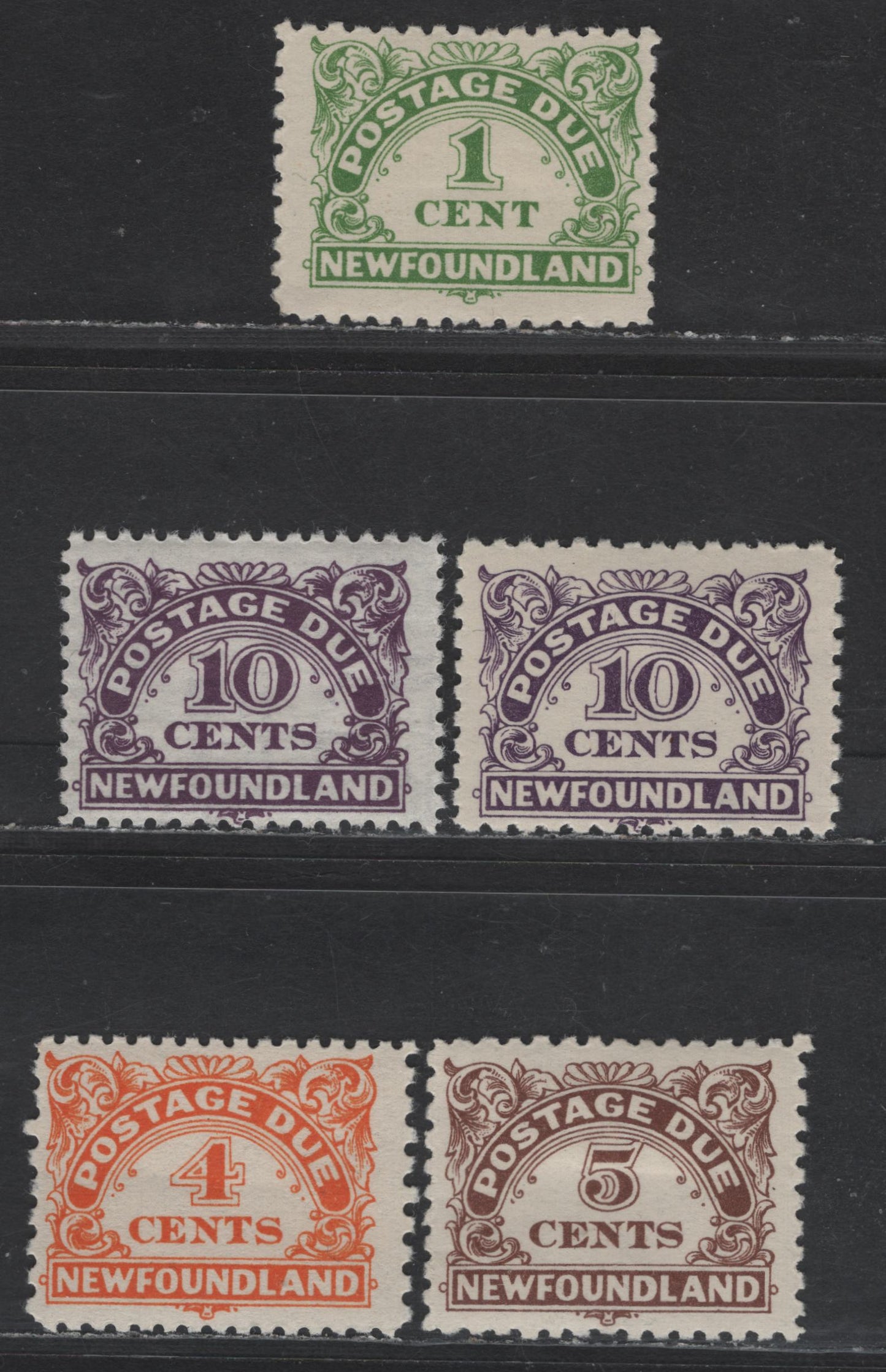 Lot 65 Newfoundland #J4, J5i, J6-J7 4c - 10c Yellow Orange - Dark Violet Numerals, 1939-1949 Postage Dues, 4 F/VFOG Singles, 10c Unwatermarked Has A Small Hinge Thin