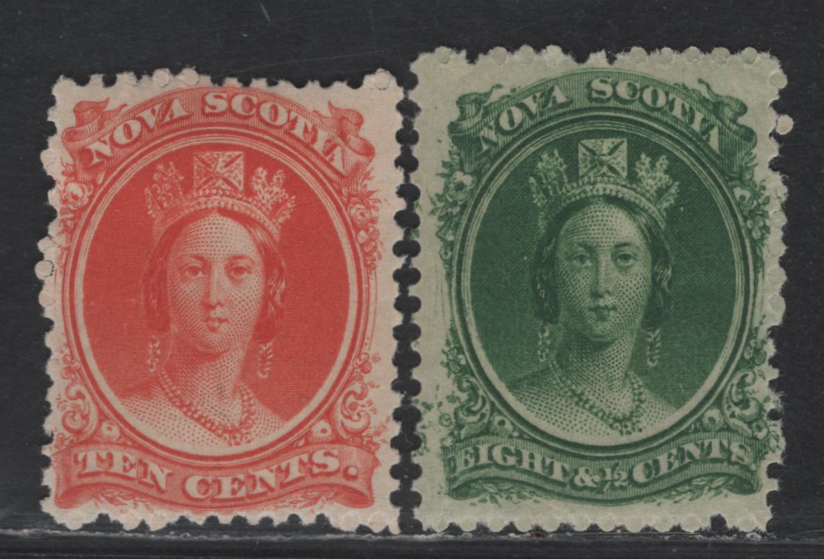 Lot 68 Nova Scotia #11-12 85c - 10c Green - Vermillion Queen Victoria, 1860-1863 Queen Victoria Issue, 2 FOG Singles, 85c Is Perf 1175, 10c Perf 12x1175